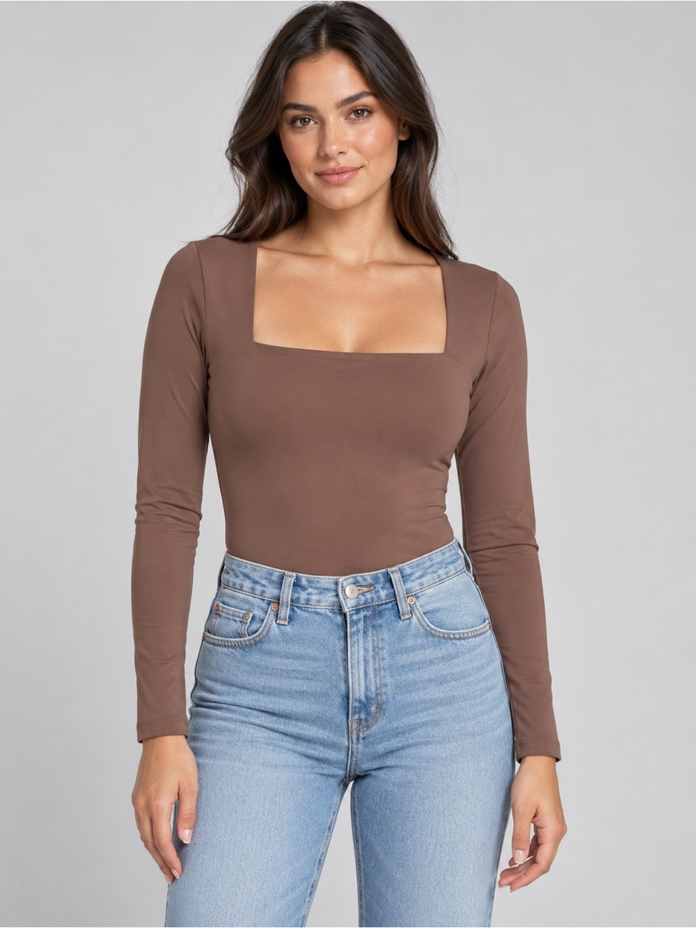 Abercrombie & Fitch SoftAF Collection Brown Square Neck long sleeve bodysuit L